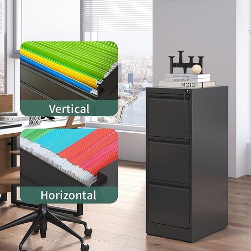 3 Drawer File Cabinet with Lock,Metal Vertical Filing Cabinets for Home Office,Heavy Duty File Storage Cabinet for Letter/Legal/A4/F4 Size File,Assembly Require (Black, Vertical 3 Drawer) in Kuwait