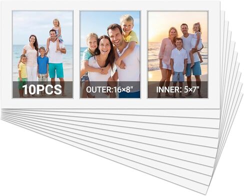 Maitys 10 Pack 12 × 16 Inch Picture Frame Mats for 5 x 7 Inch Collage Picture Frame, Displays four 5 x 7 Photos, Acid Free White Cardstock for Pictures Frames, 1.2mm Thickness, with Core Bevel Cut in Kuwait