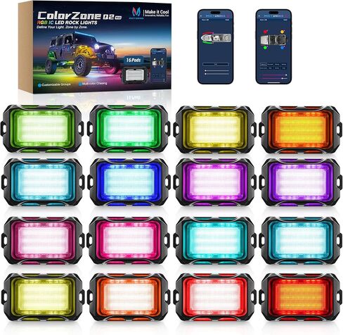 MICTUNING Q2+ MAX RGB+IC Rock Lights - 8 Pods متعدد الألوان DIY Effect Underglow Neon Kit، تحكم فردي في المجموعة، مزامنة الموسيقى APP، IP68 مقاوم للماء in Kuwait