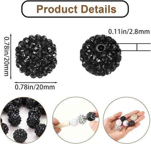 Ordeonrus 30 PCS 20mm Rhinestone Beads Chunky Bubblegum Beads Resin Disco Ball for DIY Crafts Beaded Pens Bracelets Keychain Necklaces Jewelry Making (Black/White/Silver) in Kuwait