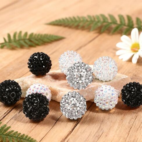 Ordeonrus 30 PCS 20mm Rhinestone Beads Chunky Bubblegum Beads Resin Disco Ball for DIY Crafts Beaded Pens Bracelets Keychain Necklaces Jewelry Making (Black/White/Silver) in Kuwait