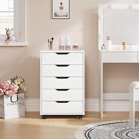 Panana 5/7 Drawer Mobile File Cabinet, Wooden Under Desk Storage with Wheels Office Organization Vertical Filing Chest of Drawers for Home Office (White, 5 Drawer) in Kuwait