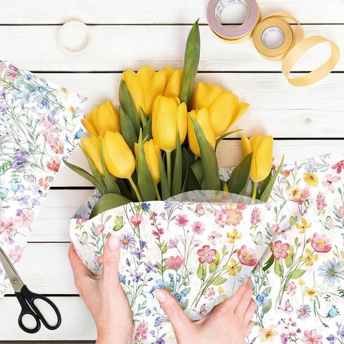 BACH AND BOUJEE 50 Sheets Floral Butterfly Tissue Paper Spring Wildflower Wrapping Paper for Gift Bags Flower Printed DIY Art Craft Tissue Papers Packaging for Wedding Bridal Shower Birthday in Kuwait
