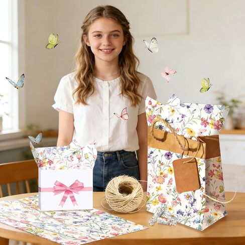 BACH AND BOUJEE 50 Sheets Floral Butterfly Tissue Paper Spring Wildflower Wrapping Paper for Gift Bags Flower Printed DIY Art Craft Tissue Papers Packaging for Wedding Bridal Shower Birthday in Kuwait