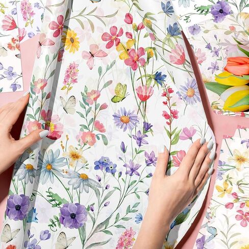 BACH AND BOUJEE 50 Sheets Floral Butterfly Tissue Paper Spring Wildflower Wrapping Paper for Gift Bags Flower Printed DIY Art Craft Tissue Papers Packaging for Wedding Bridal Shower Birthday in Kuwait