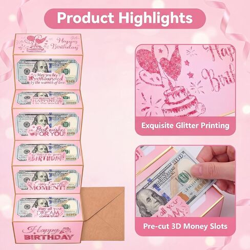 Birthday Money Envelope, Pink Cash Gift Envelopes Surprise Cash Envelope for Wife Women Folding Happy Birthday Money Gift Ideas for Men Party Present in Kuwait
