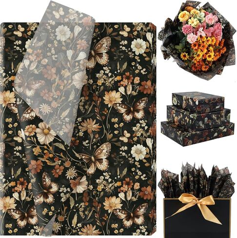 60 Sheets Floral Butterfly Tissue Paper Bulk, 13.8'' x 19.7'' Rust Brown Dried Flowers Butterflies Art Crafts Paper for Spring Easter Birthday Bridal Shower Party Supplies, 10 Colors (A) in Kuwait
