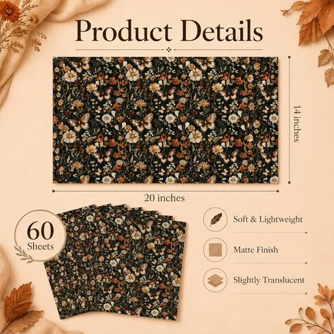 60 Sheets Floral Butterfly Tissue Paper Bulk, 13.8'' x 19.7'' Rust Brown Dried Flowers Butterflies Art Crafts Paper for Spring Easter Birthday Bridal Shower Party Supplies, 10 Colors (A) in Kuwait