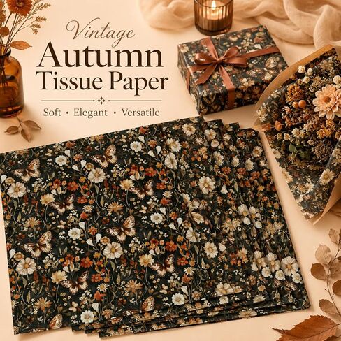 60 Sheets Floral Butterfly Tissue Paper Bulk, 13.8'' x 19.7'' Rust Brown Dried Flowers Butterflies Art Crafts Paper for Spring Easter Birthday Bridal Shower Party Supplies, 10 Colors (A) in Kuwait