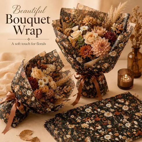60 Sheets Floral Butterfly Tissue Paper Bulk, 13.8'' x 19.7'' Rust Brown Dried Flowers Butterflies Art Crafts Paper for Spring Easter Birthday Bridal Shower Party Supplies, 10 Colors (A) in Kuwait