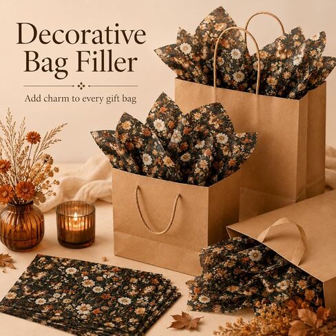 60 Sheets Floral Butterfly Tissue Paper Bulk, 13.8'' x 19.7'' Rust Brown Dried Flowers Butterflies Art Crafts Paper for Spring Easter Birthday Bridal Shower Party Supplies, 10 Colors (A) in Kuwait