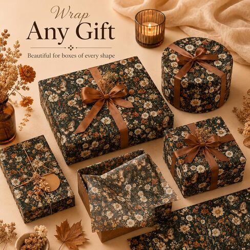 60 Sheets Floral Butterfly Tissue Paper Bulk, 13.8'' x 19.7'' Rust Brown Dried Flowers Butterflies Art Crafts Paper for Spring Easter Birthday Bridal Shower Party Supplies, 10 Colors (A) in Kuwait