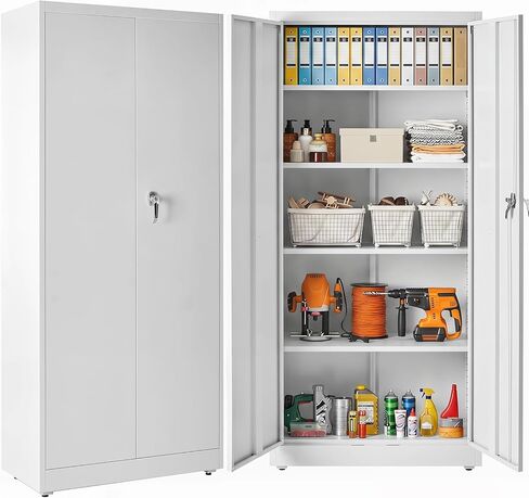 DUMOS Metal Storage Cabinet, 71" Locking Steel Storage Cabinet with 2 Doors and 5 Shelves, Tall Steel Cabinet for Garage, Home, Office, Gym,School, White in Kuwait