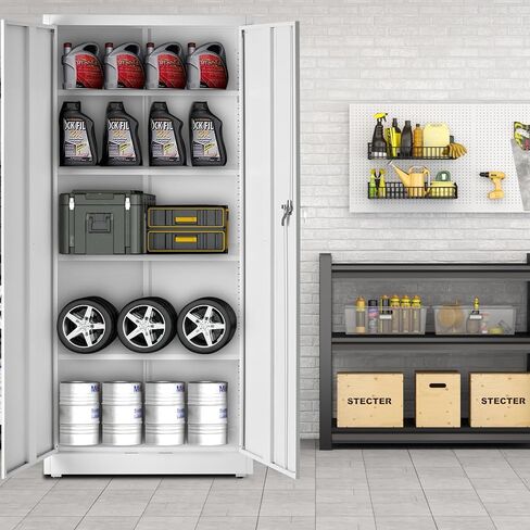 DUMOS Metal Storage Cabinet, 71" Locking Steel Storage Cabinet with 2 Doors and 5 Shelves, Tall Steel Cabinet for Garage, Home, Office, Gym,School, White in Kuwait
