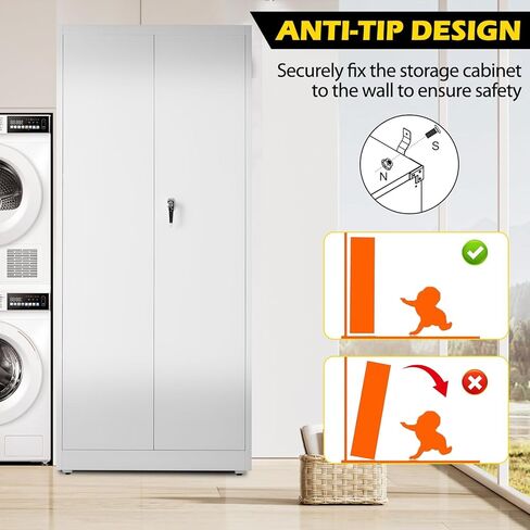 DUMOS Metal Storage Cabinet, 71" Locking Steel Storage Cabinet with 2 Doors and 5 Shelves, Tall Steel Cabinet for Garage, Home, Office, Gym,School, White in Kuwait
