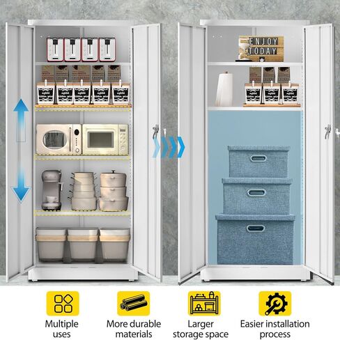 DUMOS Metal Storage Cabinet, 71" Locking Steel Storage Cabinet with 2 Doors and 5 Shelves, Tall Steel Cabinet for Garage, Home, Office, Gym,School, White in Kuwait