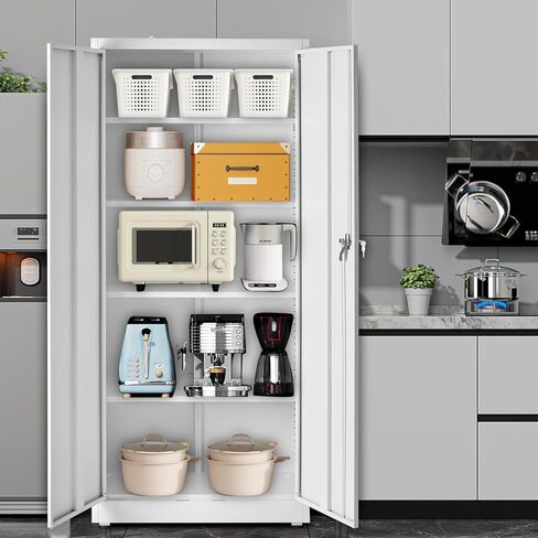 DUMOS Metal Storage Cabinet, 71" Locking Steel Storage Cabinet with 2 Doors and 5 Shelves, Tall Steel Cabinet for Garage, Home, Office, Gym,School, White in Kuwait