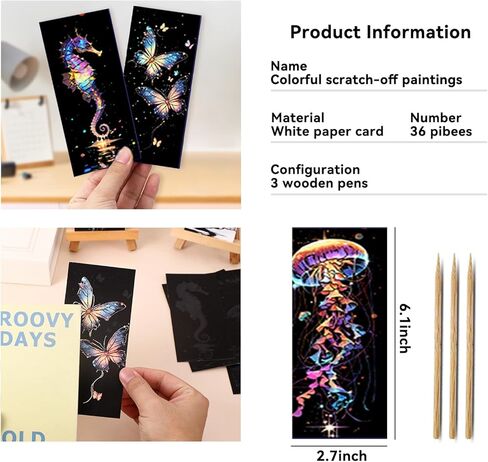 مجموعة لوحة رسم Glowing Scratch Art Rainbow - 36 ورقة كلاسيكية وحيوانية + 3 أقلام خدش خشبية | فن خدش الفويل | فن النقش على الفويل | سلسلة رسم الفن in Kuwait