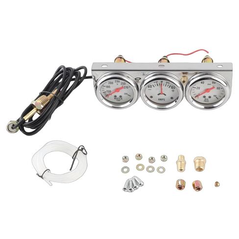 Universal 52mm Triple Gauge Kit, 3 in 1 Oil Pressure Water Temperature Ammeter Meter, with White Dial Red Hands for Most 12V Vehicles in Kuwait