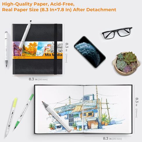 لوحة وسائط مختلطة من Ohuhu - دفتر رسم وسائط مختلط مربع مقاس 8.3 بوصة × 8.3 بوصة، ورق ثقيل الوزن 120 رطل/200 جرامًا للمتر المربع، 78 ورقة/156 صفحة، وسادة ورقية متعددة الوسائط بغلاف صلب من البولي يوريثان لطلاء الأكريليك كهدية عيد الميلاد in Kuwait