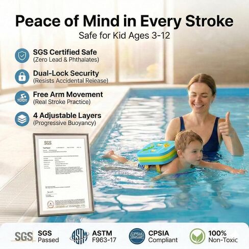 Swim Float Kids Back Belt: Pool Safe Dual-Lock Buckle 140lbs Pull-Tested - Zero Slip-Off Risk Trainer Bubble - 4-Layer Adjustable Buoyancy for Swimmers 3-12 Yrs Boys in Kuwait
