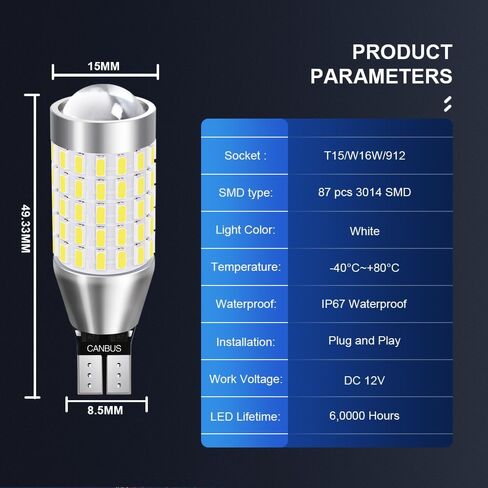 2x 921 912 T15 White LED Parking Light Bulbs (with Mini Projector) for 2013-2015 Honda Accord Sedan & Coupe, 6000K Super Bright W16W 360° 12V 5W 400% Brighter, Error-Free Plug and Play Replacement in Kuwait