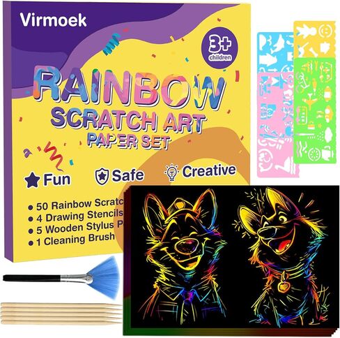 Virmoek 60 Pcs Scratch Art for Kids, Ages 3-8, Rainbow Scratch Paper Kit, Magic Scratch Off Art Craft Set, Mess-Free Kids Craft Supplies, Easter Basket Stuffers, Christmas Toys in Kuwait