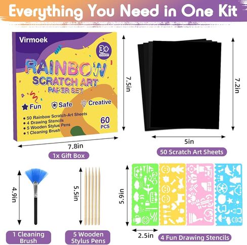Virmoek 60 Pcs Scratch Art for Kids, Ages 3-8, Rainbow Scratch Paper Kit, Magic Scratch Off Art Craft Set, Mess-Free Kids Craft Supplies, Easter Basket Stuffers, Christmas Toys in Kuwait
