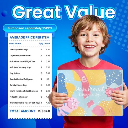 Sensory Toys 25 Pack with Visual Auditory Tactile Fidget Toys for Kids Adults Autism ADHD, Focus Calming Set for Classroom Calm Down Corner Office Desk, Travel Party Favors Gifts in Kuwait