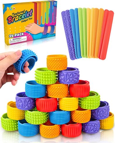 32 Pack Fidget Toys Bulk for Kids: Textured Slap Bracelets, Classroom Rewards, Party Favors, Goodie Bag Stuffers, Travel Toys, Wearable Sensory Toys for Autism ADHD, Birthday Gifts for Boys Girls in Kuwait