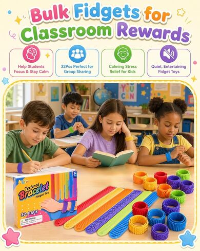 32 Pack Fidget Toys Bulk for Kids: Textured Slap Bracelets, Classroom Rewards, Party Favors, Goodie Bag Stuffers, Travel Toys, Wearable Sensory Toys for Autism ADHD, Birthday Gifts for Boys Girls in Kuwait