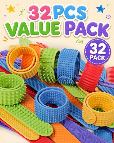 32 Pack Fidget Toys Bulk for Kids: Textured Slap Bracelets, Classroom Rewards, Party Favors, Goodie Bag Stuffers, Travel Toys, Wearable Sensory Toys for Autism ADHD, Birthday Gifts for Boys Girls in Kuwait