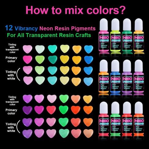 Neon Pigment for Epoxy Resin, 12 Colors Opaque UV Reactive Fluorescent Liquid Resin Pigment Set, 10ml Each Highly Concentrated Resin Coloring Dye for Resin Casting, Jewelry Making, Art Crafts in Kuwait