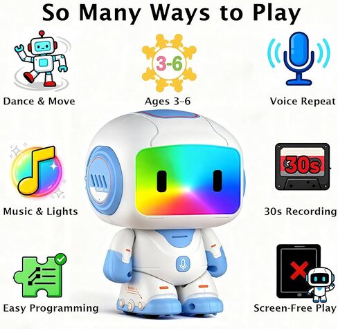 Interactive Learning Robot Toy for Kids Ages 3–6, Button-Based Programming, Touch Light Effects, Music & Dancing, Record & Voice Changer, Rechargeable Preschool Educational Toy (Blue) in Kuwait