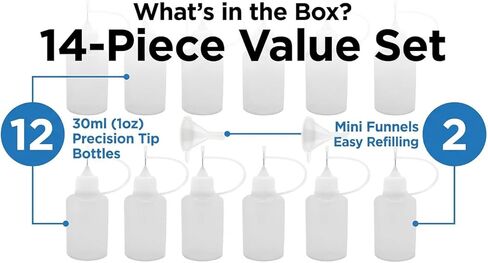 14-Piece Precision Tip Applicator Bottle Set | 12 Pack of 30ml (1oz) Squeeze Bottles with Fine Point Needle & 2 Funnels | for Crafts, Glue, Oil, Painting & DIY Projects in Kuwait