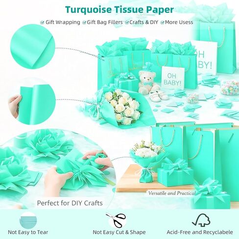 Teal Tissue Paper Bulk for Gift Bags, 120 Sheets 14 x 20 Inches, 15gsm Lightweight Wrapping Tissue Paper & Box Filler Paper for Birthdays Party, Weddings, Baby Showers, Holidays, DIY Crafts, Flowers in Kuwait