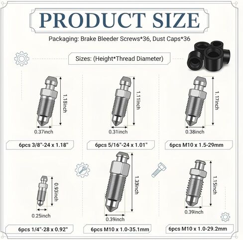 36PCS Multi-Size Car Brake Bleeder Screw Kit with Grease Fitting Caps,Metric/SAE Brake Bleeder Valve Replaces H9402-6,Essential Bleeders Valve Car Accessories with Storage Box in Kuwait