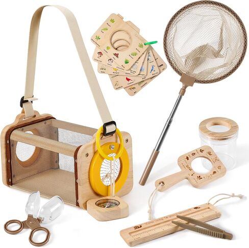 Wooden Bug Catcher Kit for Kids,10PCS Kids Bug Catching Kit with Bug Collector,Butterfly Net,Magnifying Glass,Toddler Bug Habitat Outdoor Explorer Kit Bug Collection,Nature Gift for Boys&Girls in Kuwait