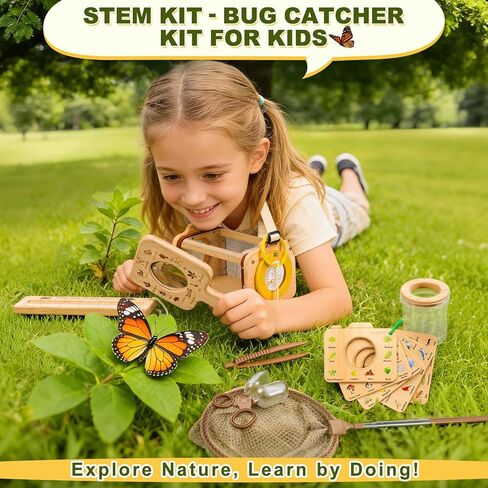 Wooden Bug Catcher Kit for Kids,10PCS Kids Bug Catching Kit with Bug Collector,Butterfly Net,Magnifying Glass,Toddler Bug Habitat Outdoor Explorer Kit Bug Collection,Nature Gift for Boys&Girls in Kuwait