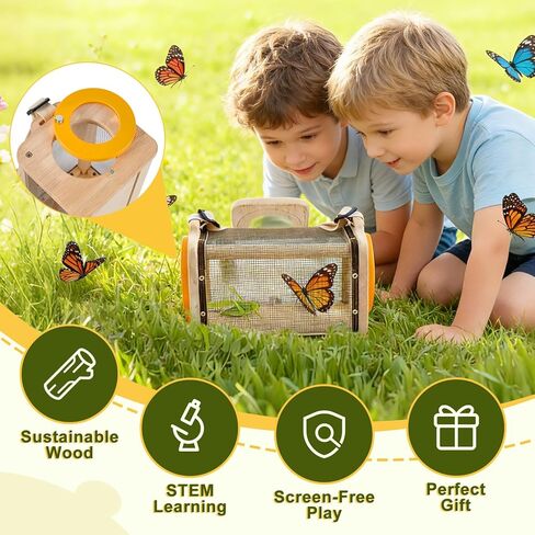 Wooden Bug Catcher Kit for Kids,10PCS Kids Bug Catching Kit with Bug Collector,Butterfly Net,Magnifying Glass,Toddler Bug Habitat Outdoor Explorer Kit Bug Collection,Nature Gift for Boys&Girls in Kuwait