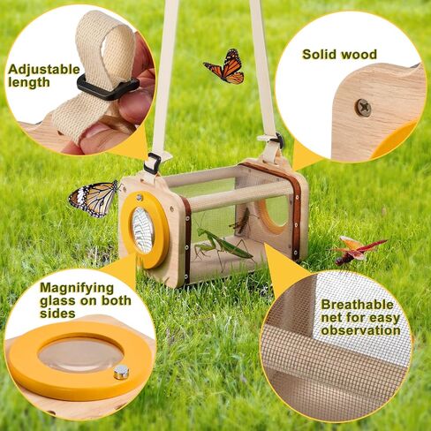 Wooden Bug Catcher Kit for Kids,10PCS Kids Bug Catching Kit with Bug Collector,Butterfly Net,Magnifying Glass,Toddler Bug Habitat Outdoor Explorer Kit Bug Collection,Nature Gift for Boys&Girls in Kuwait