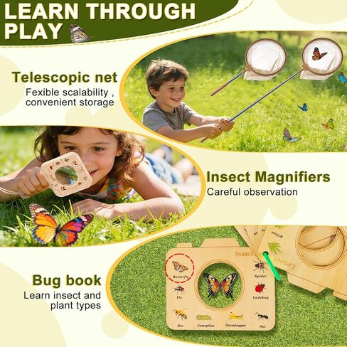 Wooden Bug Catcher Kit for Kids,10PCS Kids Bug Catching Kit with Bug Collector,Butterfly Net,Magnifying Glass,Toddler Bug Habitat Outdoor Explorer Kit Bug Collection,Nature Gift for Boys&Girls in Kuwait