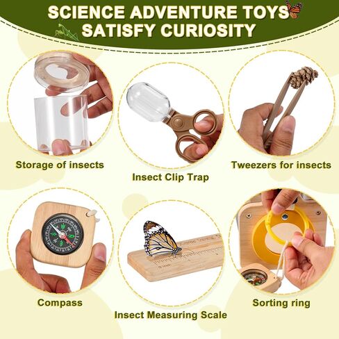Wooden Bug Catcher Kit for Kids,10PCS Kids Bug Catching Kit with Bug Collector,Butterfly Net,Magnifying Glass,Toddler Bug Habitat Outdoor Explorer Kit Bug Collection,Nature Gift for Boys&Girls in Kuwait