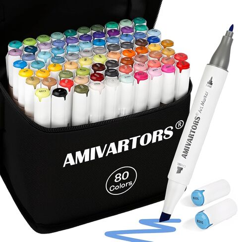 80 Colors Alcohol Markers Dual Tip Set, Chisel & Fine, 2.8g High Ink Capacity, Easy Blending Art Markers for Artists, Adults Coloring, Sketching, Drawing, Illustration & Painting with Carrying Case in Kuwait