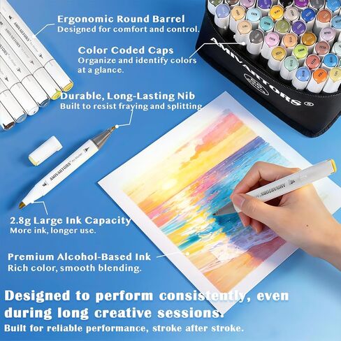 80 Colors Alcohol Markers Dual Tip Set, Chisel & Fine, 2.8g High Ink Capacity, Easy Blending Art Markers for Artists, Adults Coloring, Sketching, Drawing, Illustration & Painting with Carrying Case in Kuwait