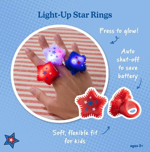 Patriotic Light-Up Star Rings for Kids (12 Pack) – Red White Blue LED Flashing Finger Rings, 4th of July Party Favors, Memorial Day & Summer Celebration Goodie Bag Toys in Kuwait