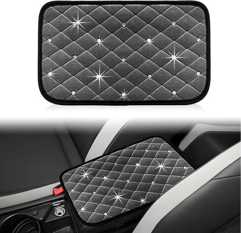 Car Center Console Cover, Bling Rhinestone Short Villi Automotive Armrest Seat Box Pad, Comfortable Arm Rest Protection Mat for Universal Vehicle Accessories (Black) in Kuwait