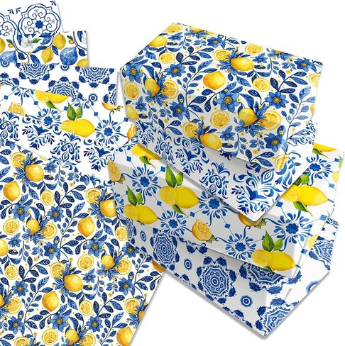 JOINFANXIN 12sheets Blue and White Porcelain Lemon Wrapping Paper Chinoiserie Lemon Pattern Gift Wrap Packing Paper for Holiday Birthday Wedding Party DIY Gift Decorative Paper Supplies in Kuwait