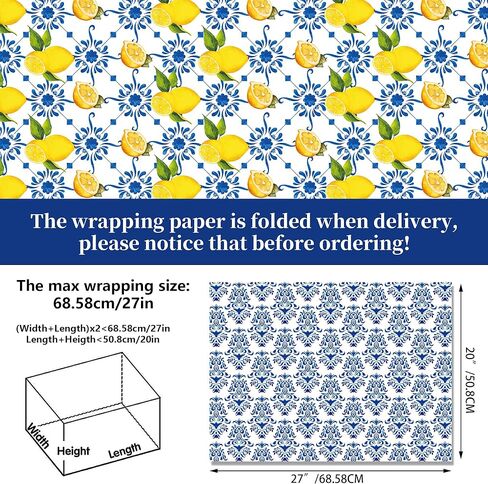 JOINFANXIN 12sheets Blue and White Porcelain Lemon Wrapping Paper Chinoiserie Lemon Pattern Gift Wrap Packing Paper for Holiday Birthday Wedding Party DIY Gift Decorative Paper Supplies in Kuwait