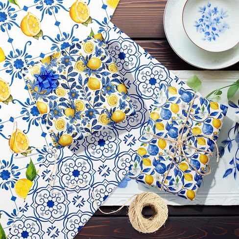 JOINFANXIN 12sheets Blue and White Porcelain Lemon Wrapping Paper Chinoiserie Lemon Pattern Gift Wrap Packing Paper for Holiday Birthday Wedding Party DIY Gift Decorative Paper Supplies in Kuwait